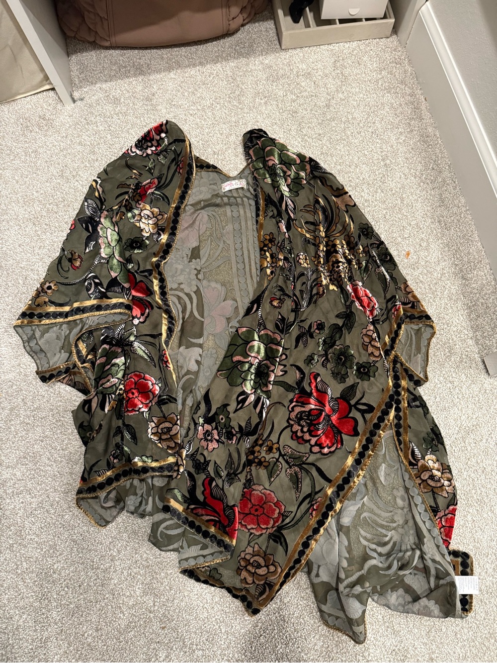 Free People Olive Velvet Burnout Kimono with Pink Floral